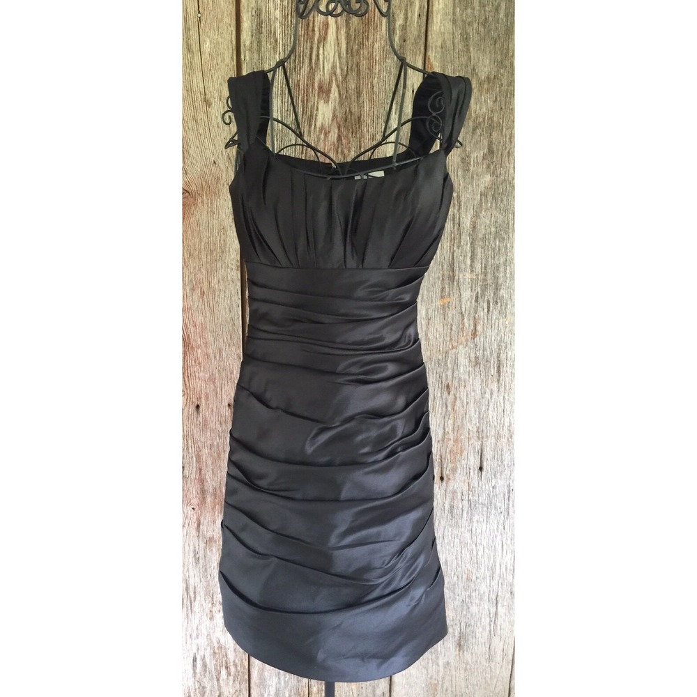 BILL LEVKOFF dress little Black Satin Cocktail Sz 6 Knee Length Ruched Sheath